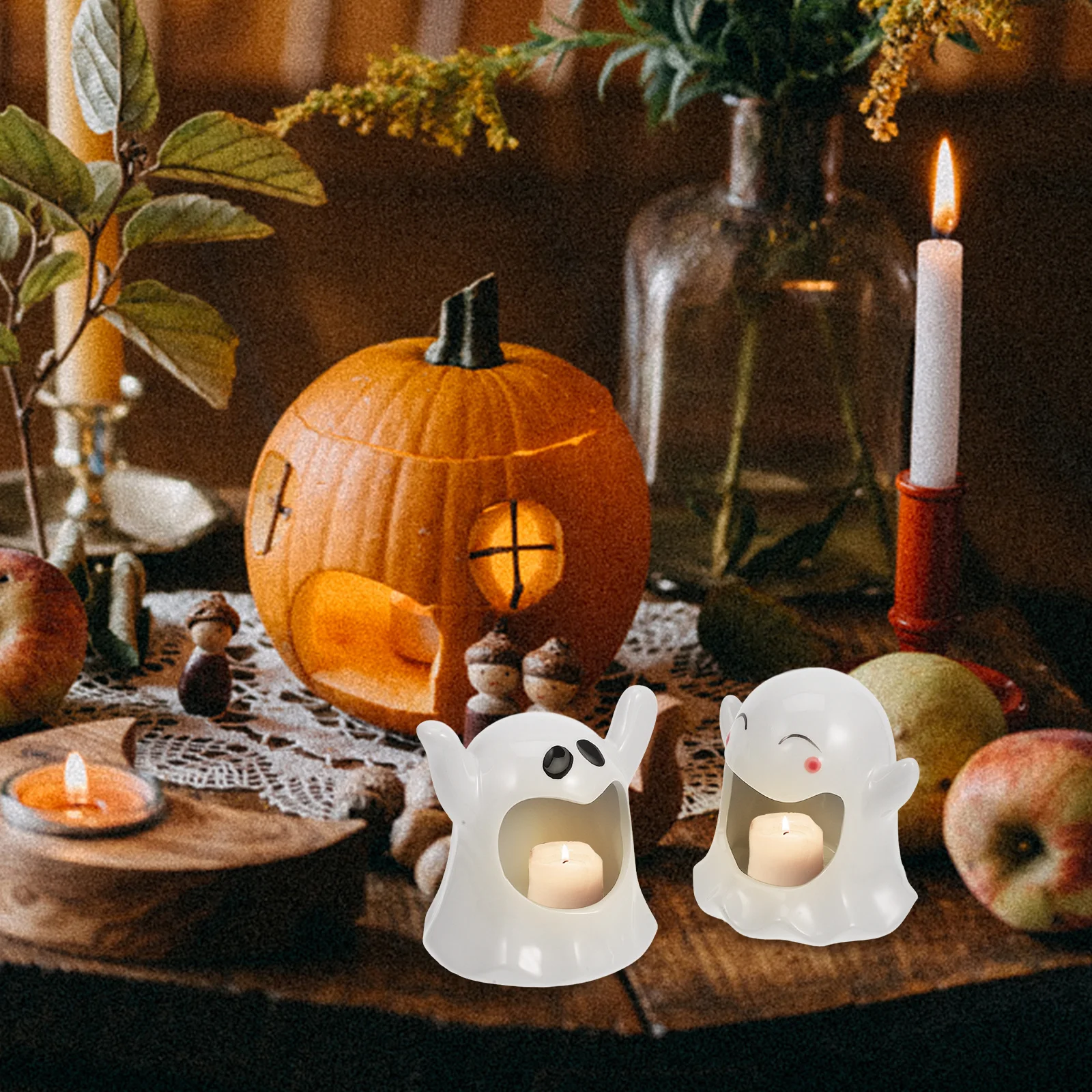 

2Pcs Ceramic Ghost Holder Halloween Tealight Holder Table Decoration Desktop Candlestick Party Festival