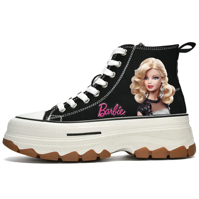 Girls Barbie Canvas Shoes Woman High Top Girls Elevator Shoes Casual Sneakers Cartoon Barbie Tennis shoes Size 35-40