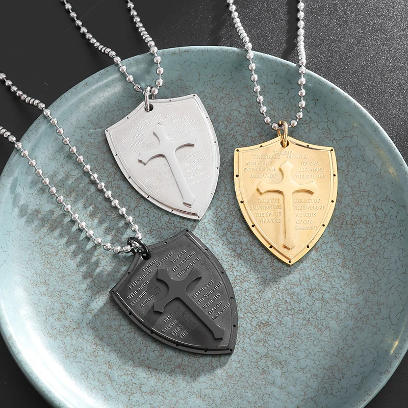 Shield of God Ephesus Cross Jesus Bible Necklace Armor of God Stainless Steel Pendant Men's Faith Jewelry