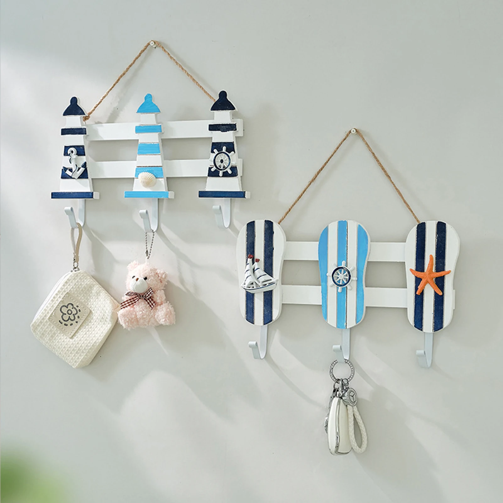 Mediterranean Lighthouse Slipper Shaped Wooden Coat Rack Wall Hook Decorative Key Holder Hooks for Kids Room Entryway Home Decor