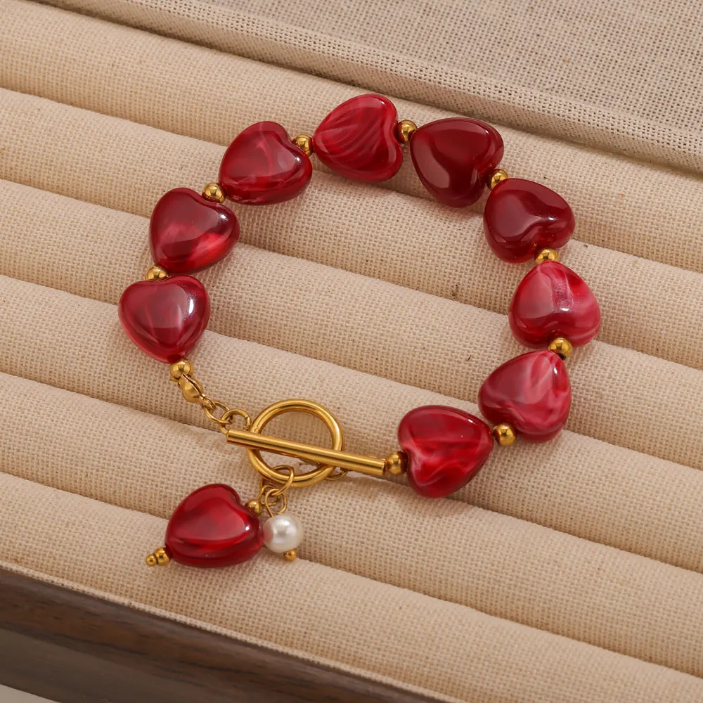 Jolivie Edelstahl-Armband mit rotem Herz für Damen, Urlaubszubehör, Vintage-Acryl-Armreif, Handgelenkschmuck, Armband, Geschenk – Detail 2