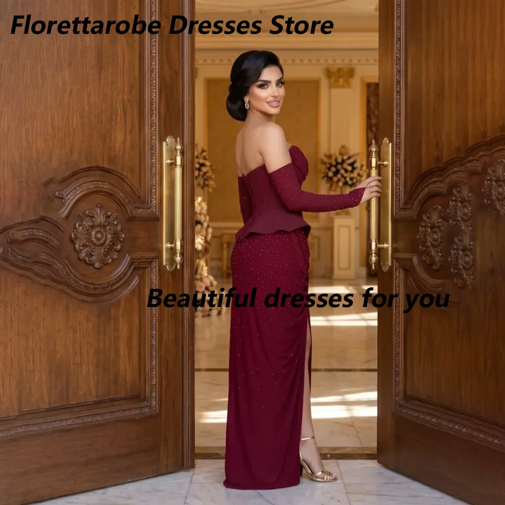 Customized Burgundy Strapless Beading Pleated Front Split Mermaid Evening Dresses Half Sleeve Backless Floor Length  Prom Gown