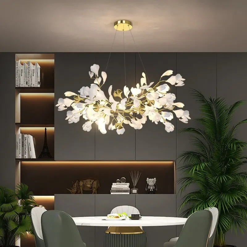 New Modern Ginkgo Leaves Chandeliers Porcelain Ceramic LED Pendant Lamp Hotel Living Bedroom Art Lobby Chandelier Lighting