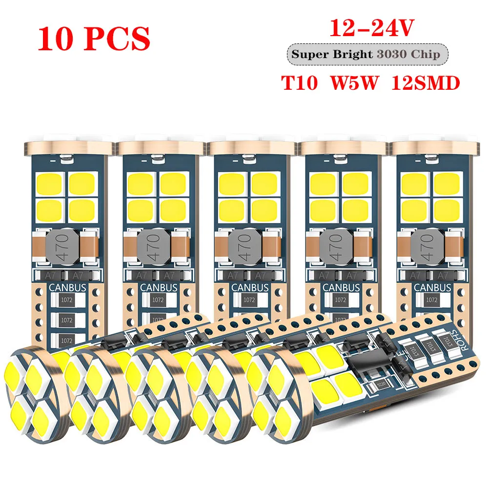 

DXZ 10PCS Canbus W5W T10 LED Bulbs 12-SMD 12V/24V 6500K White 194 168 Car Interior Map Dome Lights Parking Light Auto Lamp 4W