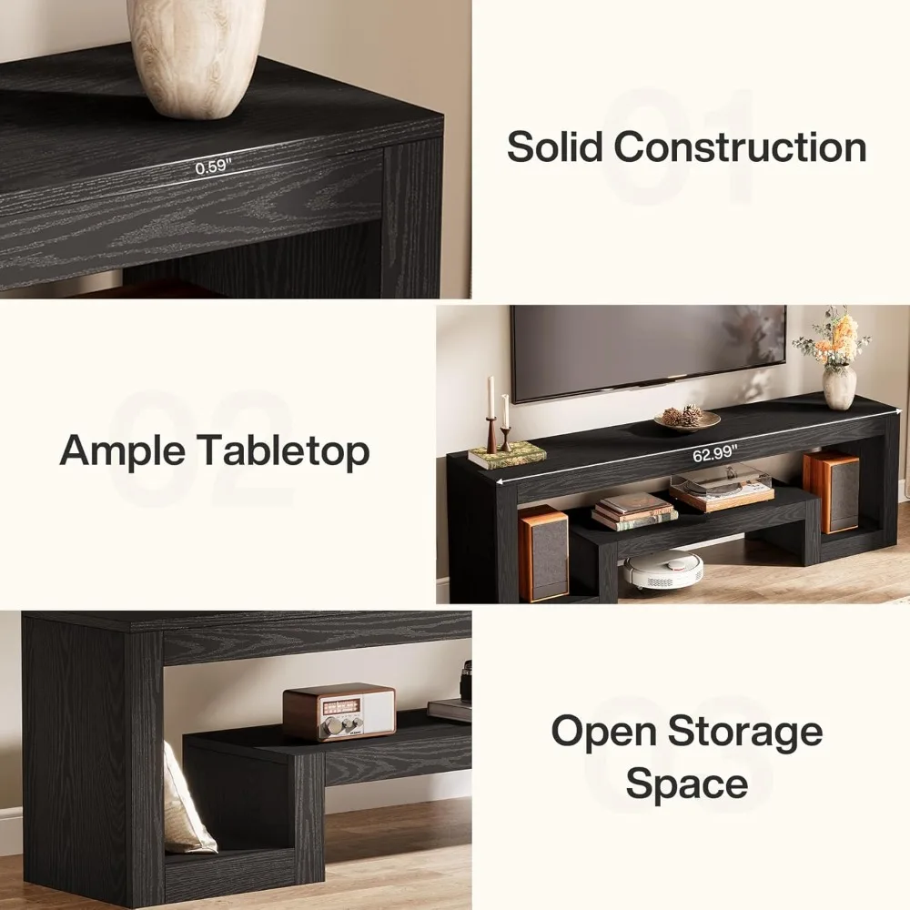 حامل تلفزيون مقاس 63 بوصة لأجهزة التلفاز مقاس 55/60/65/75 بوصة، مركز ترفيه المزرعة مع أرفف تخزين مفتوحة، شركة تلفزيون بني ريفي #6