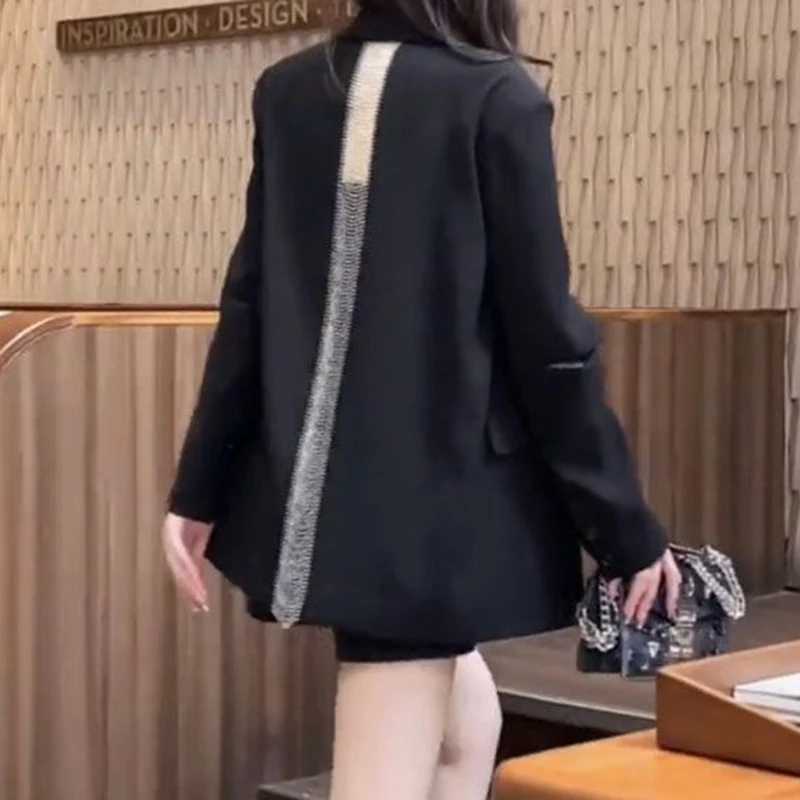 

black hollowed-out long-sleeved suit coat for women's autumn loose casual mid-length suit top blazers for women