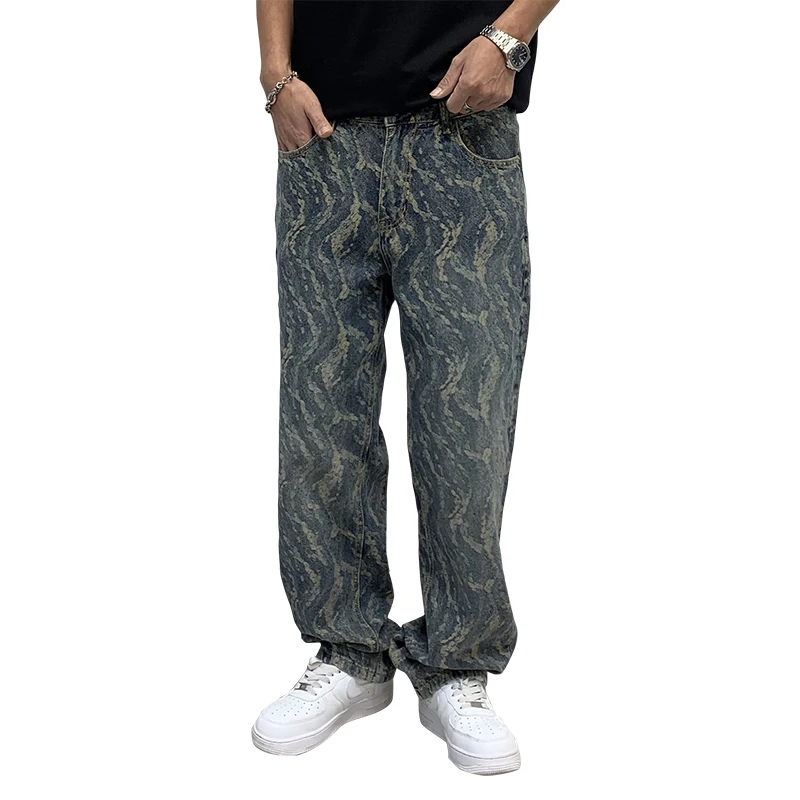 Mode Jacquard bedruckte Jeans Herren Straße cooles Design lose gerade Modemarke weites Bein amerikanische High Street Hip Hop Hose