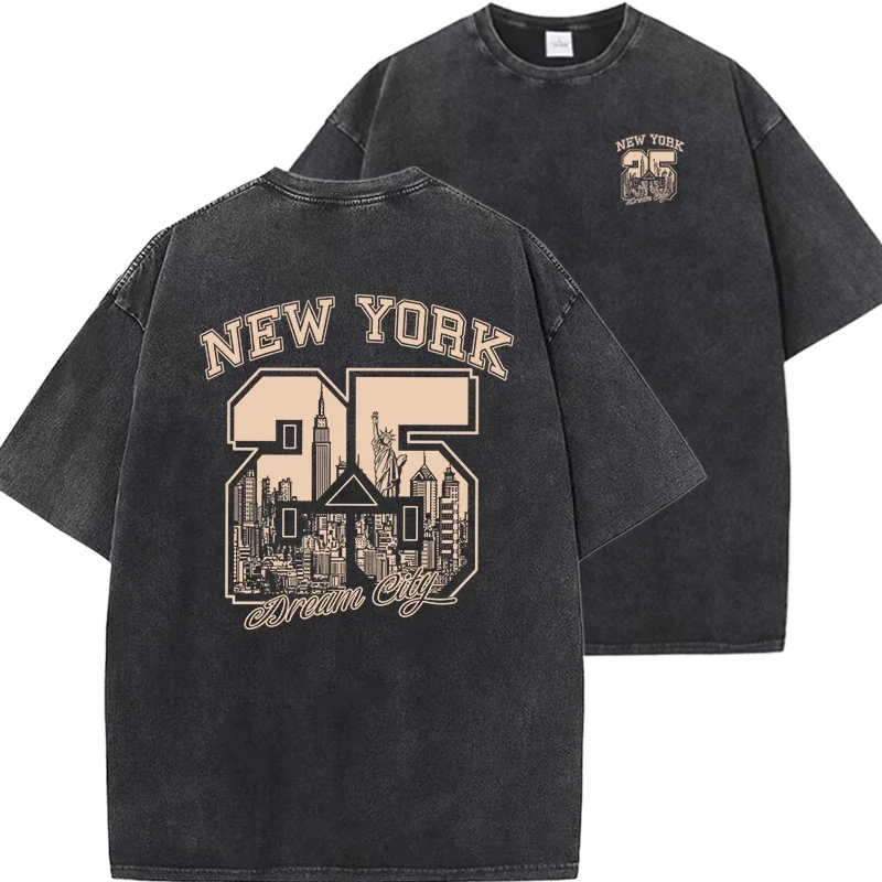 New York City Fun Printed Men's and Women's T-shirt Summer Retro Washed Cotton Breathable Casual Home T-shirt