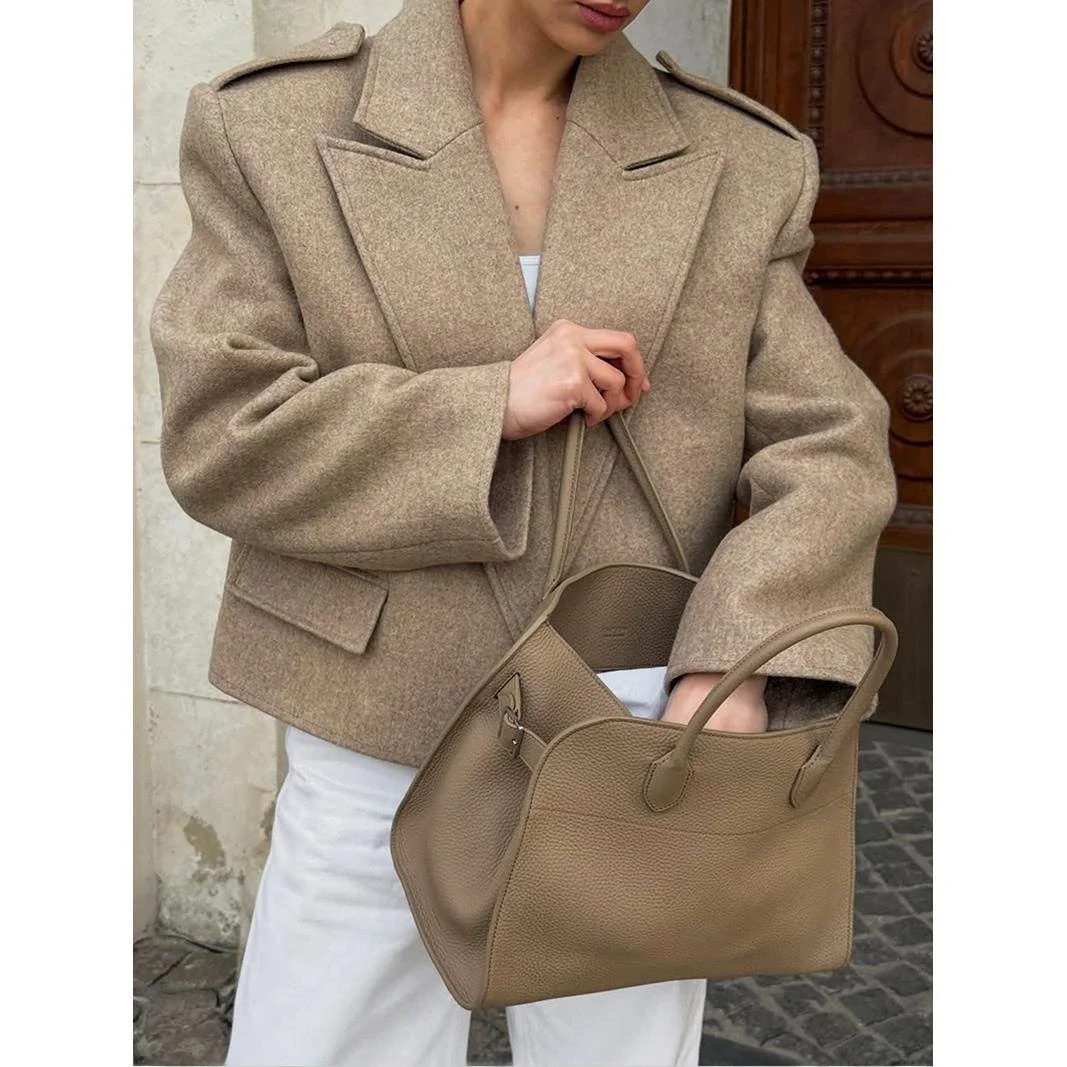 

Women's Autumn Woolen ort Coat Casual Sle Suit Loose Fit Long Sve Turn-down Collar Traditional Chinese Faion Top