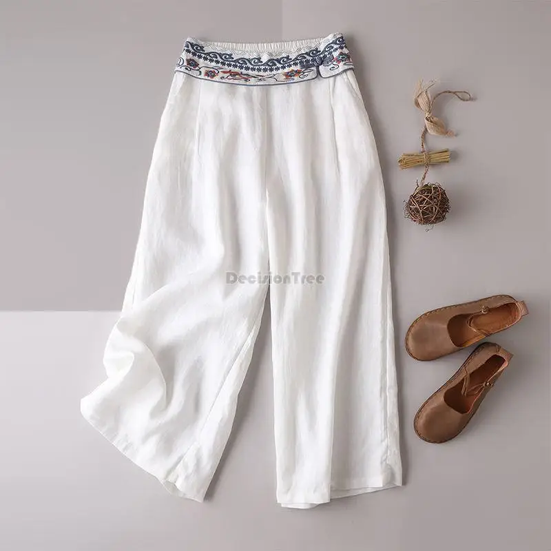 2024 chinese style women pants embroidered zen tea dress casual trousers cotton linen high waist national style wide leg pants