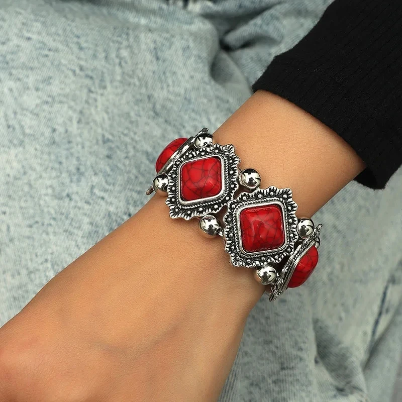 Vintage Bohemian Multicolor Stone Elastic Bracelets for Women Ethnic Personality Silver Color Metal Bracelet Party Jewelry