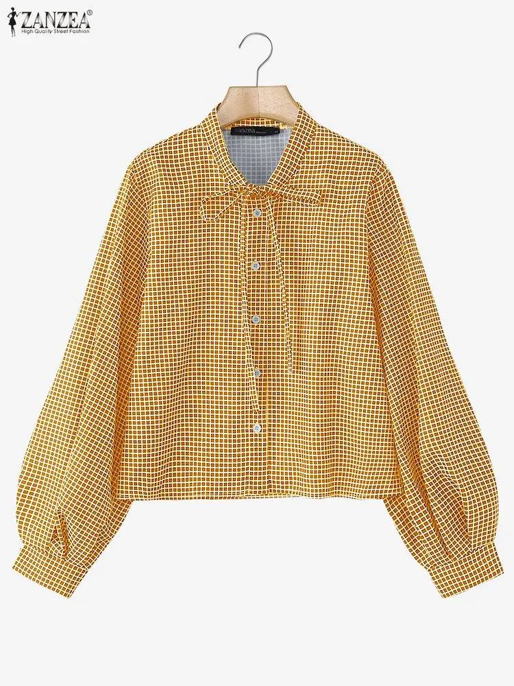 ZANZEA Herbst Kariertes Hemd Frauen Langarm Tops Frühling Büro Arbeit Bluse Casual Tasten Blusas Elegante Spitze-Up Urlaub bluse