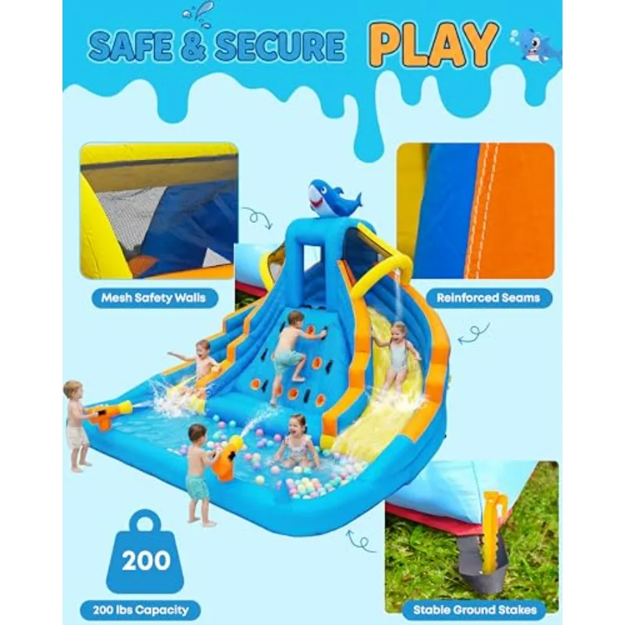 Backyard kids inflatable bounce house water park: PVC, blue/red, 13ft double lane slide with splash pool, climbing wall, water view 4