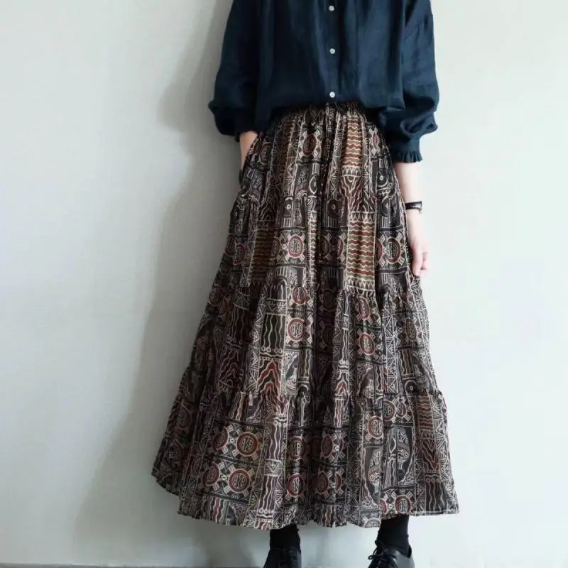 New Arrival 2024 Summer Arts Style Women Elastic Waist Loose A-line Skirt Double-deck Chiffon Vintage Print Long Skirts