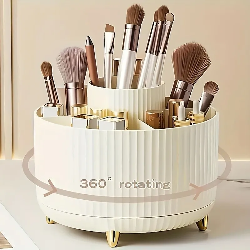 360° Rotating Makeup Organizer 1 Plastic Cosmetic Storage Box with 5 Compartments for Brushes, Lipsticks, Skin Care Product