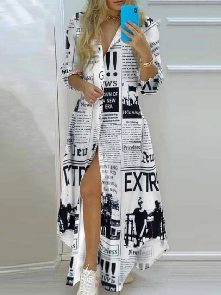여성을위한 새로운 패션 인쇄 긴 드레스 캐주얼 느슨한 긴 소매 단추 여성 드레스 봄 여름 셔츠 드레스 가운