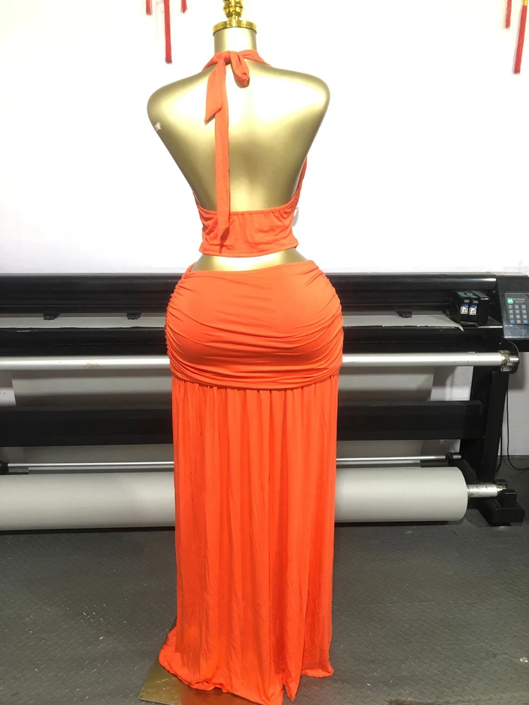 JENYAGE Damen-Set mit tiefem V-Ausschnitt und Neckholder, zweiteilig, geraffter, dehnbarer, figurbetonter Maxirock mit hohem Schlitz, sexy Club-Party-Abendkleid – Detail 7