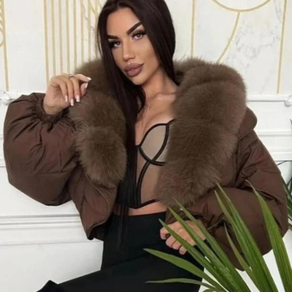 

Winter Down Jacket Lightweight Women Big Natural Fox Fur Collar Female Puffer Jacket with Fur Down Padding Real Fur Coat Women