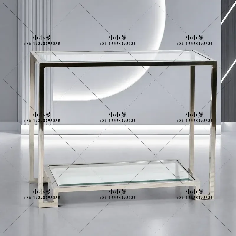 American Style Double Layer Coffee Table Gold Foil Stainless Steel Rectangular Hardware Tea Table for Living Room Furniture