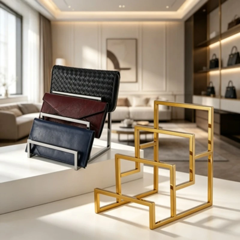 3-Tier Stainless Steel Wallet Display Stand Handbag Storage Rack Leather Purse Retail Fixture Multi-layer Merchandise Organizer
