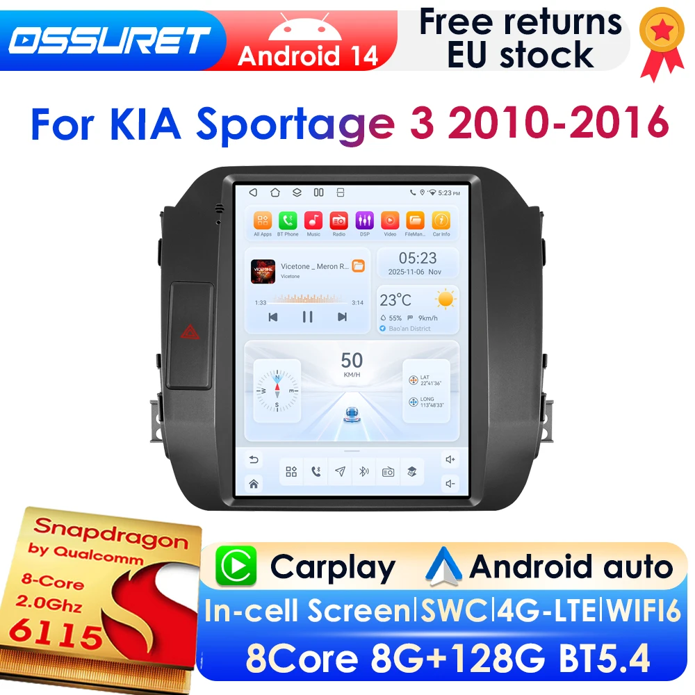 2Din 9,7-Zoll-Vertikalbildschirm Android 14 Autoradio für KIA Sportage 3 SL 2010-2016 Auto-Multimedia-GPS-Player im Tesla-Stil mit kabellosem Carplay, Android Auto, 4G, DSP, BT, Mirror Link, SWC,