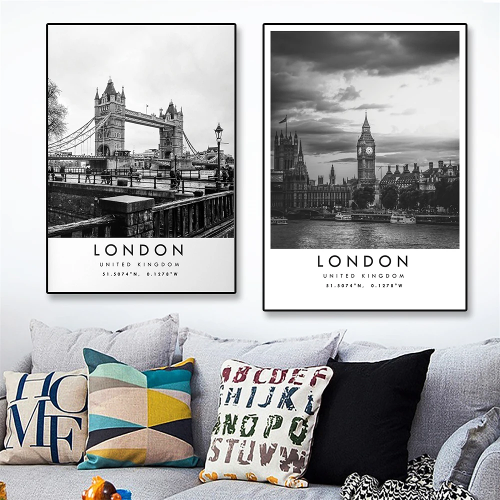 

Modern City London Travel Print Vintage Poster Unique Wallart Decor Canvas Painting Black and White Coordinates Classical Decor