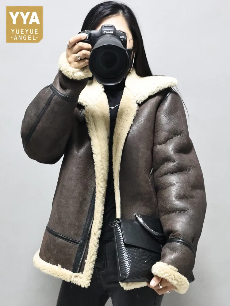 

Winter Women Real Fur Vintage Classic Turndown Collar Pilot Jacket Thicken Warm Street Genuine Leather Shearling Coat Size M-5XL