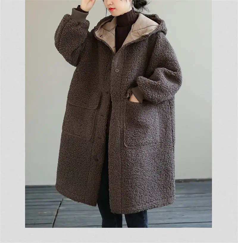 Oversized Loose Long Sleeve Hooded Warm Coat For Winter Lamb Wool Jacket Medium Length Versatile Women Casual Overcoat T1689