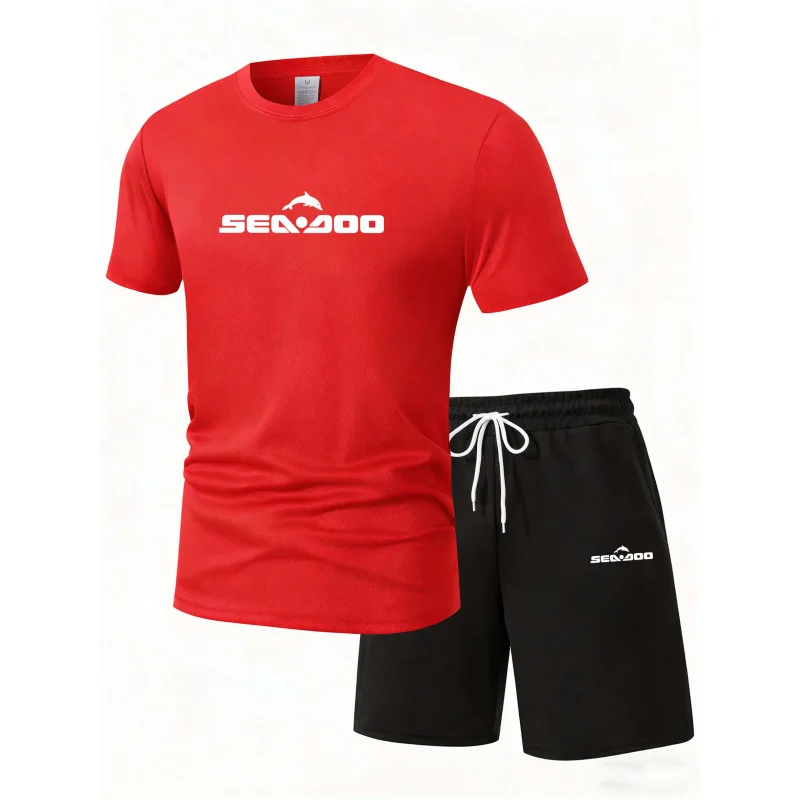 Sea Doo Seadoo Moto Printed Men's Running T-Shirt And Shorts Set Casual Elastic round Neck Sports Suit Quick Dry Comfortable view 5