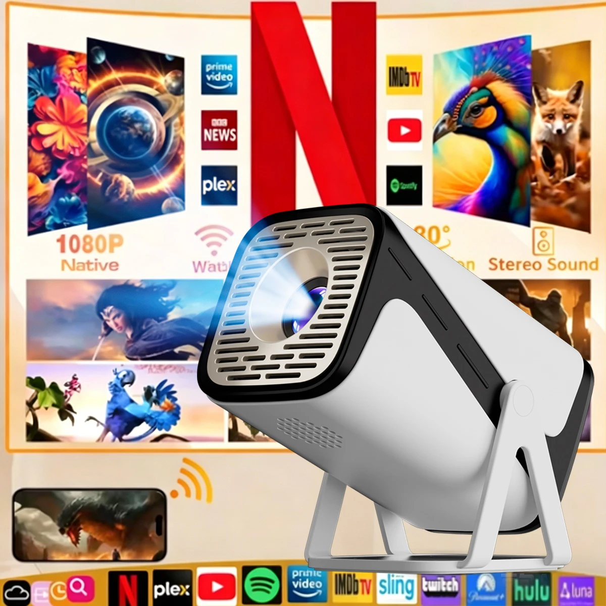 Mini Proyector Z320 |   Proyector 4K Android 13 Nativo 720P 300 ANSI Lúmenes Wi-Fi 6 BT 5.1 1280*720P Cine Portátil