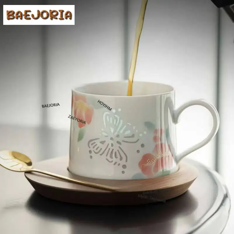 200ml White Porcelain Exquisite Butterfly Coffee Mug With Plate Couple Handgrip Cups Afternoon Tea Mug Cup Saucer Kit Drinkware