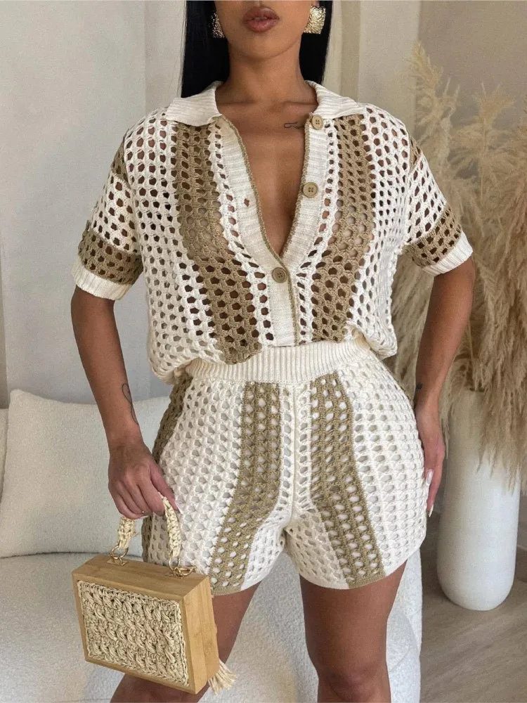 Woman's Summer Color Blocked Knitted Two Piece Set Fashion Flip Collar Single-row Buckle Sexy See-through Top+short Pants Outfit