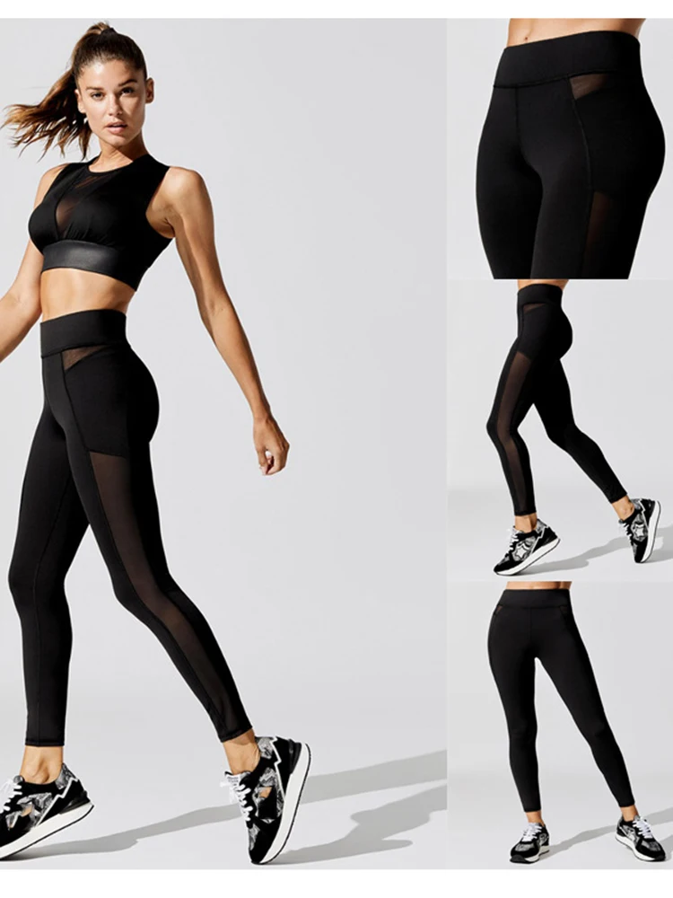 Sexy Leggings Women Hot Fashion Side Mesh Female Elastic Running Pant Gym Leggins Sport Trousers