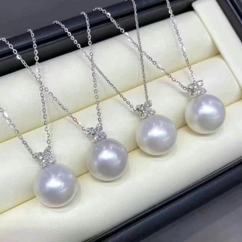 Cool White Light 12-13mm Round Natural Pearl Pendant Necklace Women