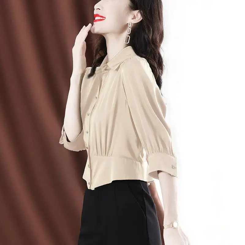 

Elegant Lapel Spliced 3/4 Sleeve Button Loose Oversized Shirt Solid Color Office Lady All-match Tops Fashion Woman Blouses 2022