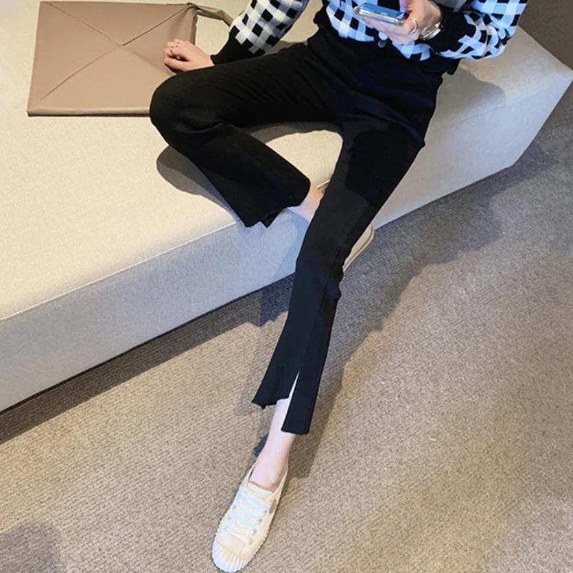 High Waist Black Split Micro Flared Base Layer Pants Women's 2023 New Korean Style Slimming Nine Point Pants Elasticity