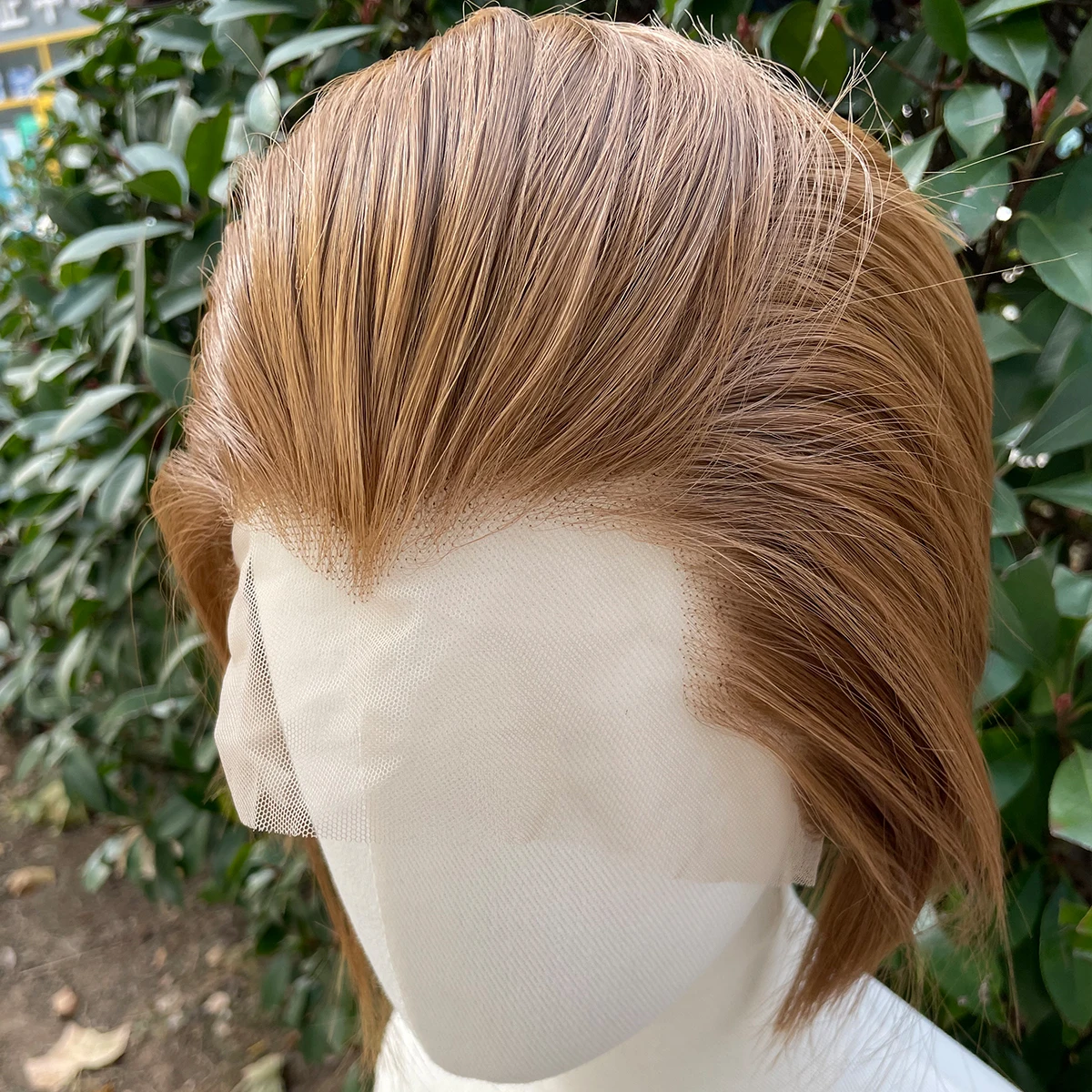 Widow's Peak Honey wig sintetis cokelat untuk pria 13x4 wig Cosplay potong Bob pendek wig untuk wanita dengan kepadatan 150% tanpa lem