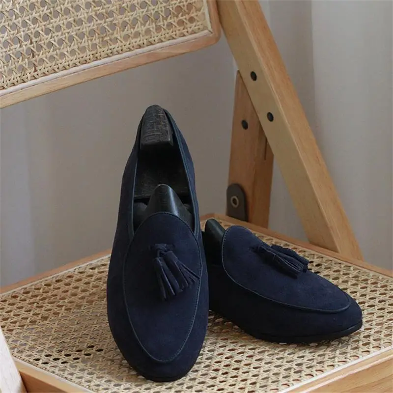 

New Dark Blue Men Loafers Handmade Cow Suede Tassel Solid Color Round Head Slip-on Fashion Business Casual Party Daily Men Shoes