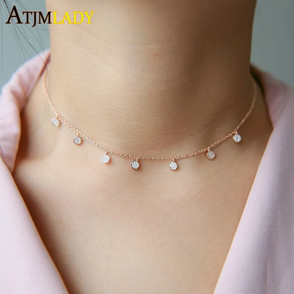 925 Sterling Silver Clear CZ Station Multi Charm Choker Fashion Delicate Dainty Disco Dots Drip Drop Pendant Necklace For Women