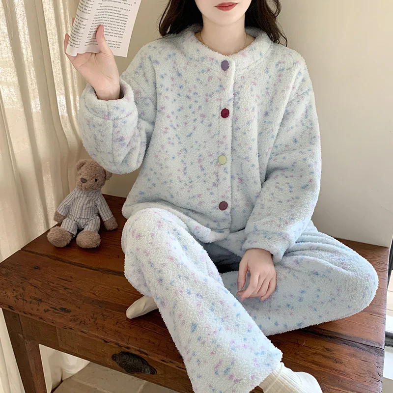 

Autumn & Winter New Arrival Half-Fur Women's Sleepwear Korean Style Sweet & Minimalist Thickened Long Sleeve Cardigan Home Out