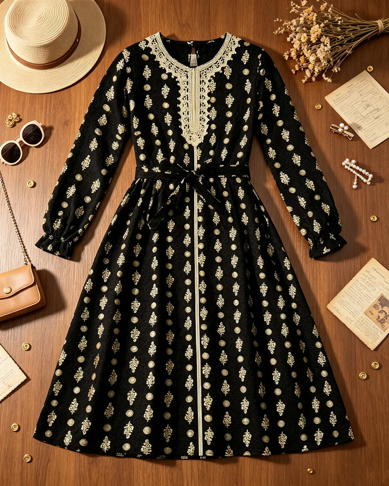 Girls Bohemian Long Sleeve Dress Gold Floral Print Lace Trim Breathable Fabric for Eid Outing