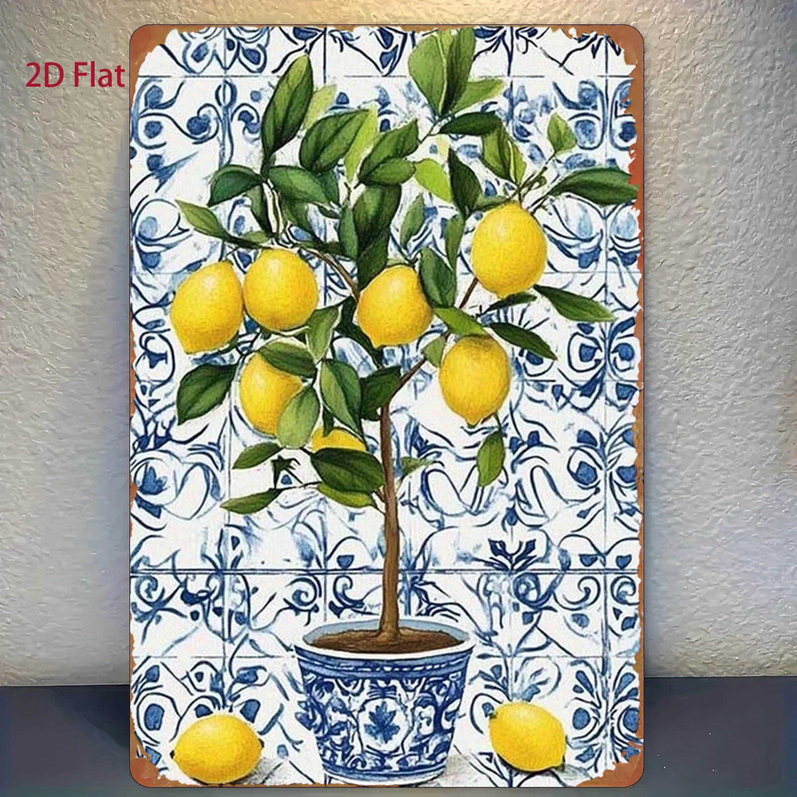 2D Vintage Metal Sign Lemon Tree Painting Blue White Pattern Wall Decor for Home Restaurant Bar Cafe Garage
