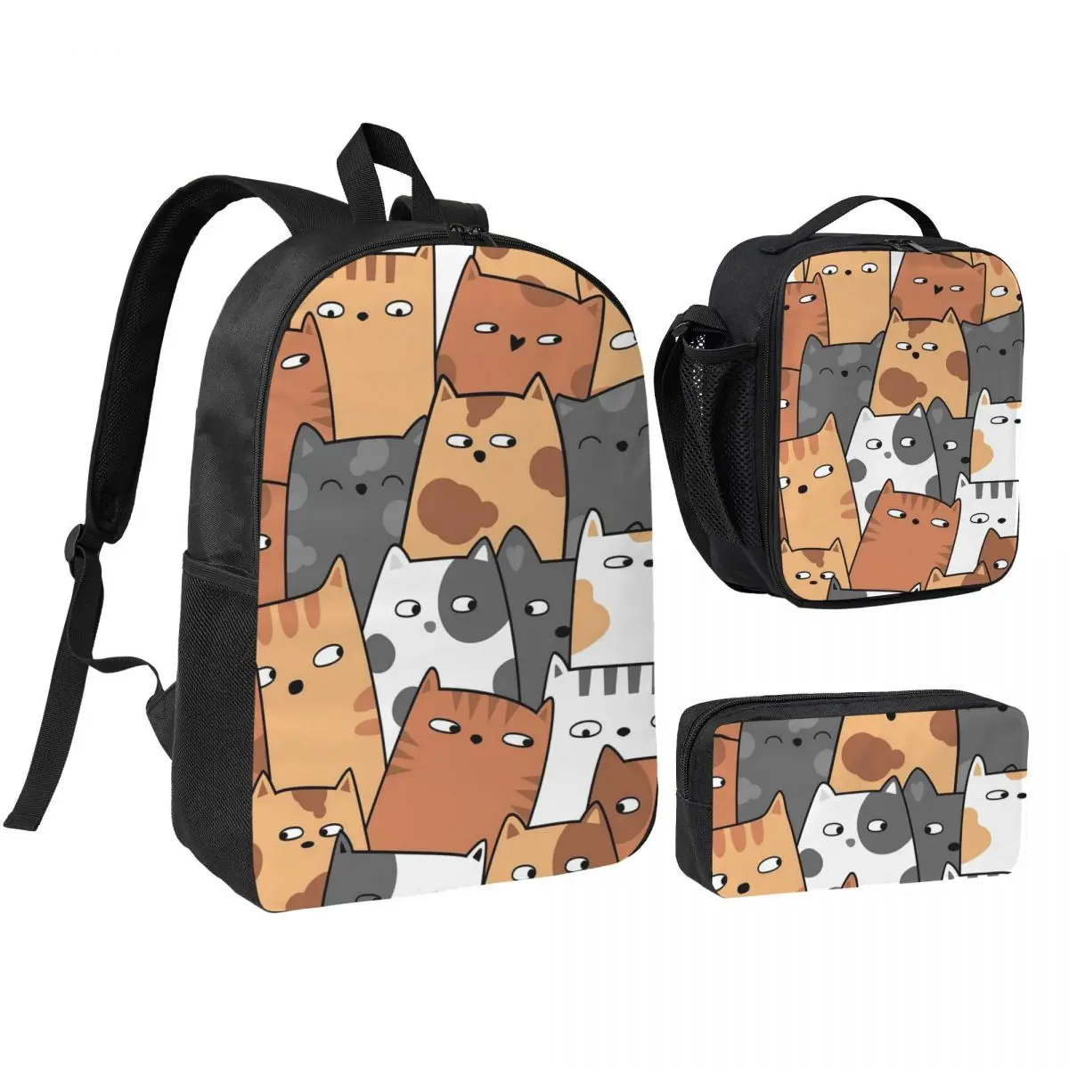 Cartoon Cat Kitten Pattern Backpack Student BookBag School Bag Shoulder Bags 3ps Insulated Lunch Bag Pencil Case