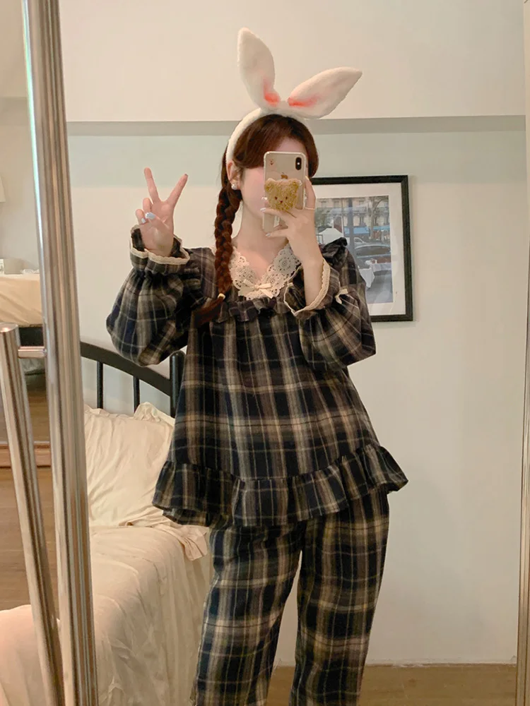 New 2colors Home Lovers Couple Lace Plaid Stripe Vintage Thicken Long Sleeve Pajama Set Women Sweet Loose Kawaii Sleep Tops InS