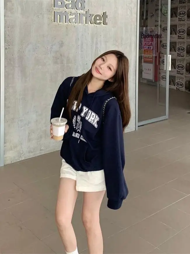 Felpa da donna retrò americana Sle Crew Ne, versione coreana casual, design versatile con stampa Fce, vestibilità ampia foderata