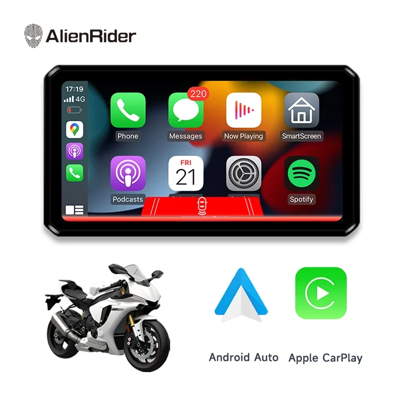 AlienRider M2 Pro Motorcycle Dash cam Carplay Android Auto Navigation Dustproof Dual Recording 6 Inch Touch Screen BSD radar