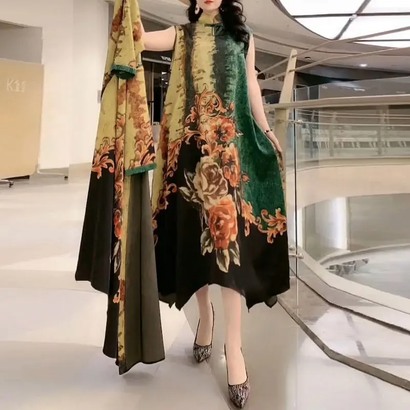 

Commute Floral Printed Matching Sets Two Piece Set Casual Round Neck Spring Summer Female Fashion Irregular Hem Long Dress Sets