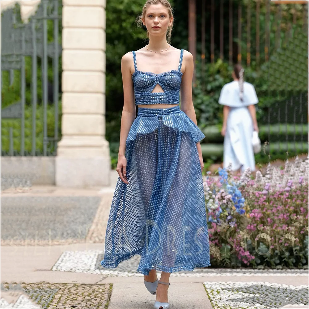 Vintage Fashion Runway - ชุดราตรีสตรีประดับเลื่อมสีฟ้าสายสปาเก็ตตี้แขนกุดแฟชั่นรันเวย์ปาร์ตี้ชายหาดงานแต่งงานเพื่อนแขกงานพรอมแม็กซี่กาวน์