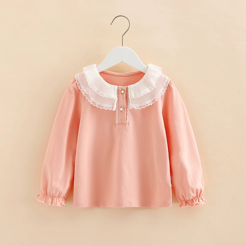 2023 Spring Autumn Fashion 3-12 Years Old Children'S Clothing Kids Lace Patchwork Peterpan Long Sleeve Tops Girls Basic T Shirts image 2