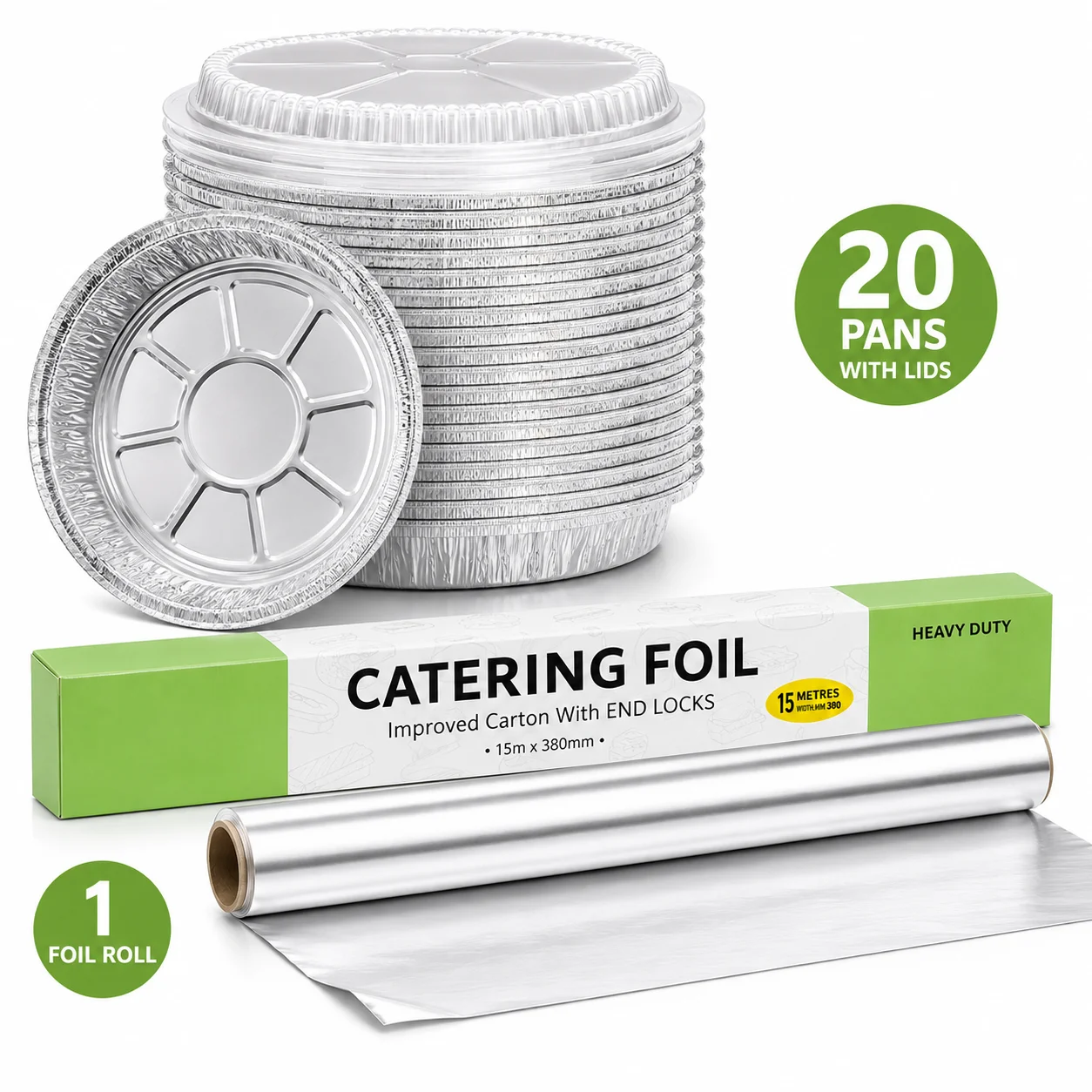 9-Inch Round Disposable Aluminum Foil Pans with Clear Lids (20 Pack) & Heavy Duty Aluminum Foil Roll (15 in X 49.2 ft / 15m X 380mm), Combo Bakeware Set for Baking, Roasting, Grilling, Meal Prep and Food Storage